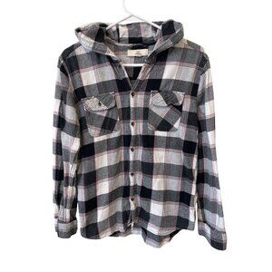 Thread and Supply Hooded Shirt Size Large Plaid Button Front Black Pink Preppy